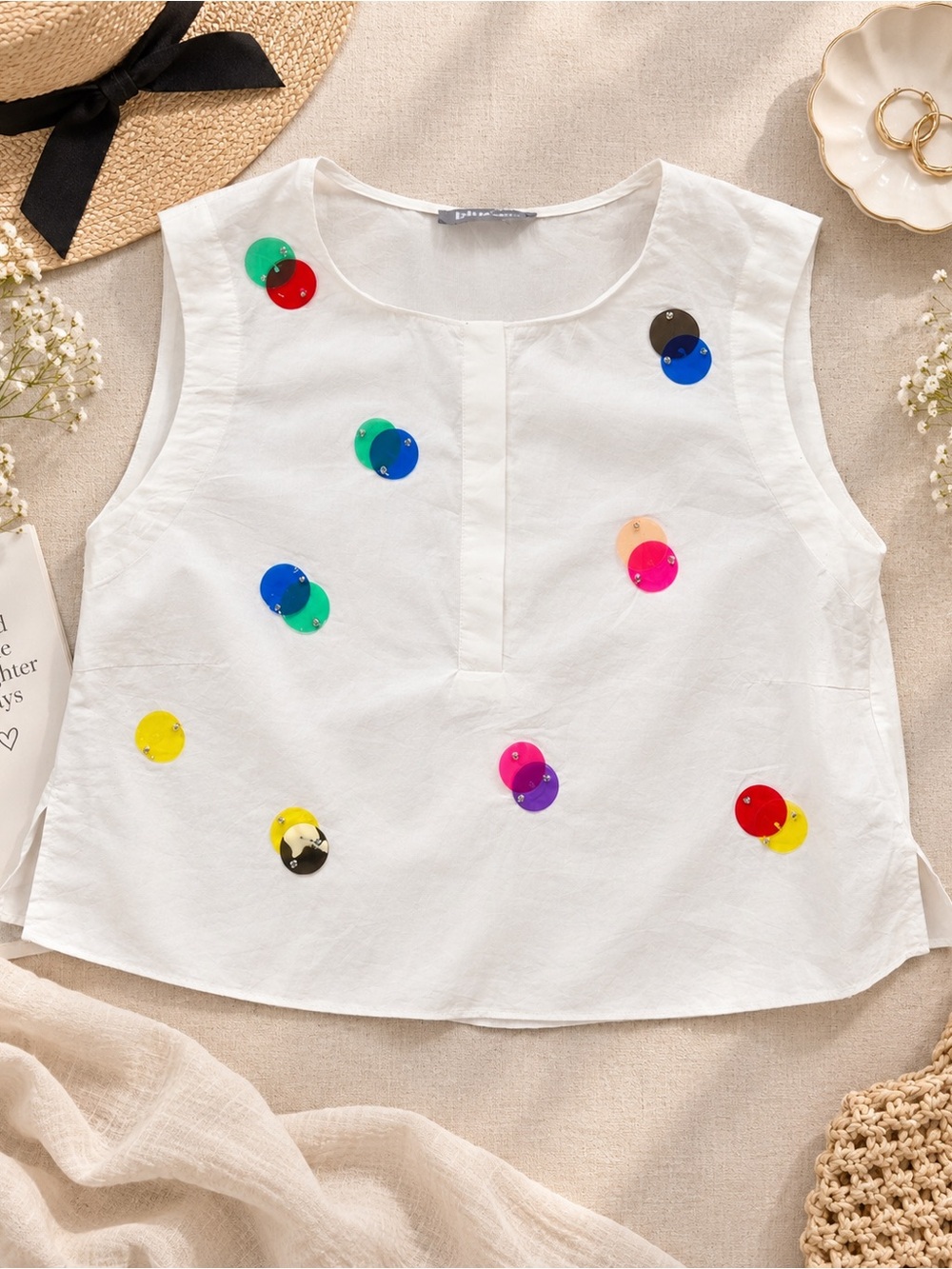 White Sleeveless Top with Multicolor Sequin